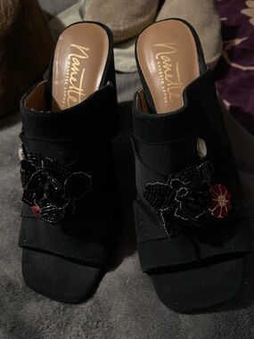 Nanette Lepore Black Beaded Floral Accent Mules